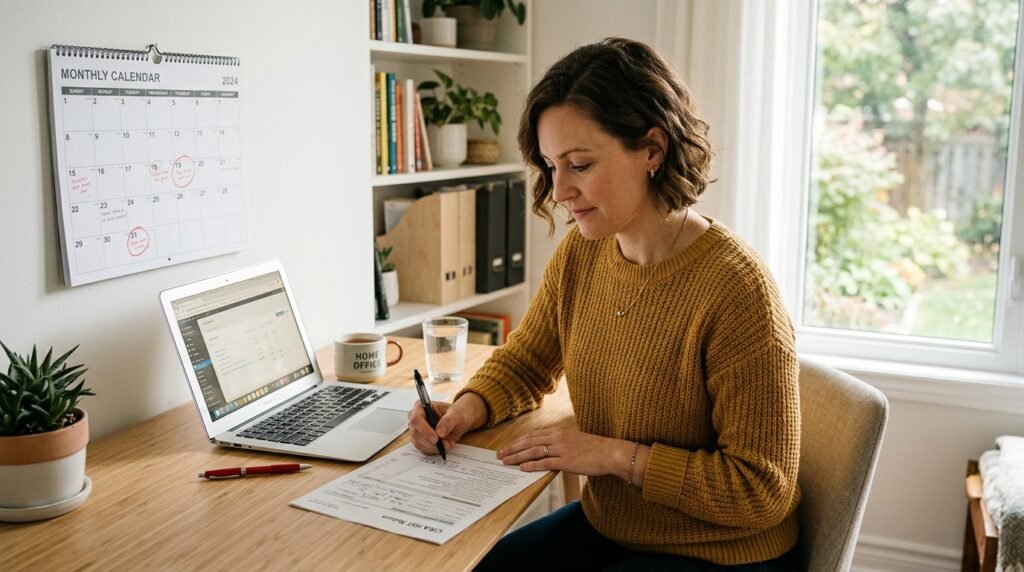 HST filing small business Ontario 2026 — Ontario entrepreneur reviewing HST return and CRA deadline calendar at desk