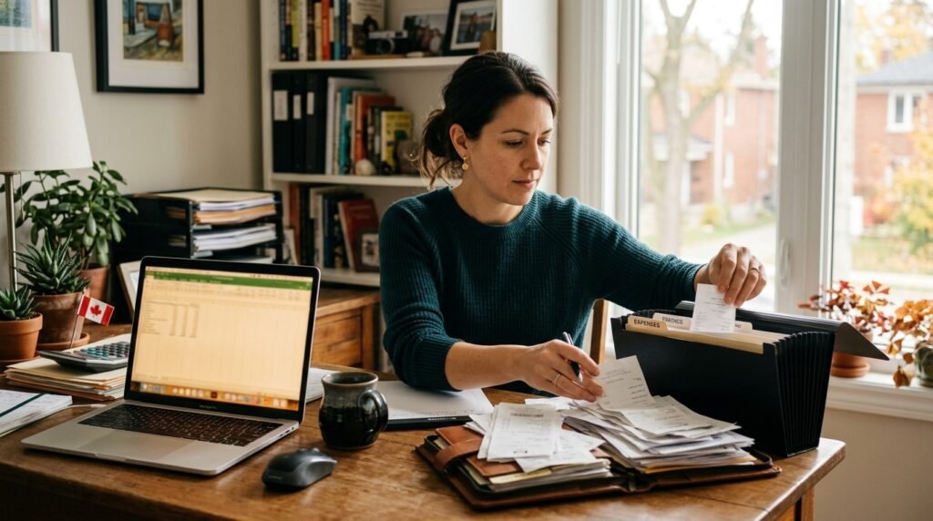 CRA audit small business Ontario 2026 — Ontario business owner organizing financial records and receipts for CRA review