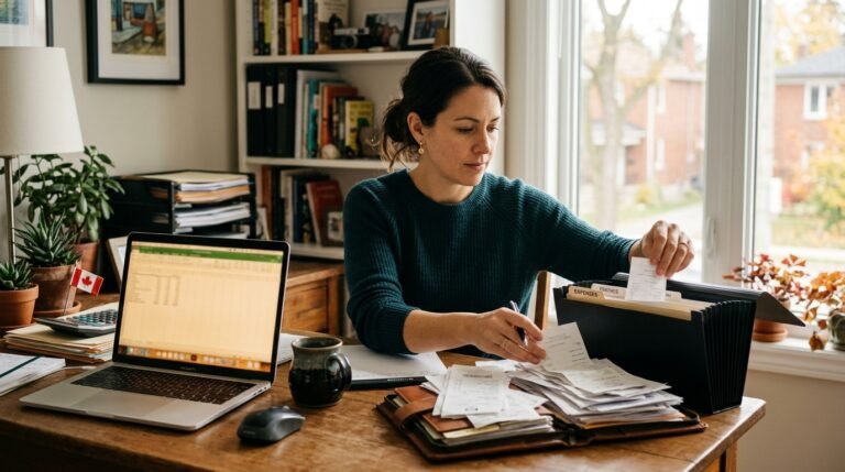 CRA audit small business Ontario 2026 — Ontario business owner organizing financial records and receipts for CRA review