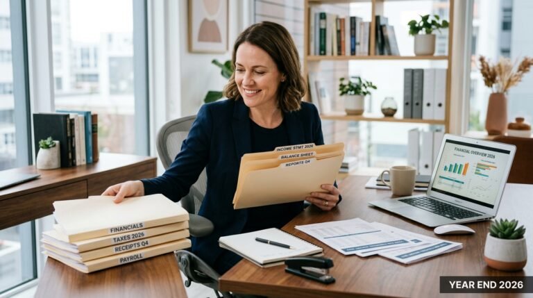 Year end checklist Ontario corporation 2026 - business owner organising financial records and reports before corporate tax filing