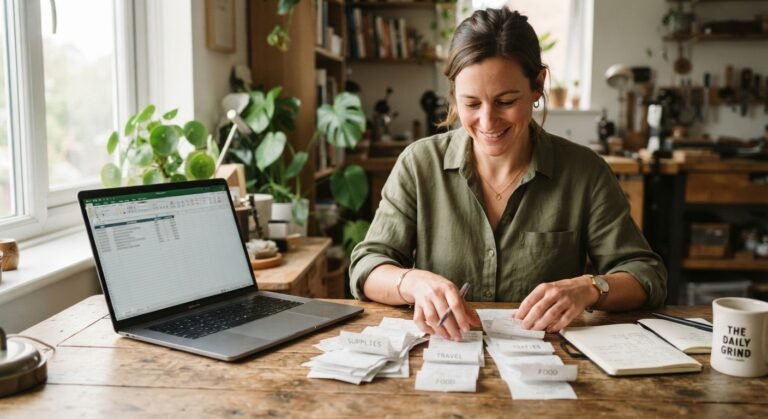 Small business bookkeeping Ontario — owner organizing receipts and a laptop spreadsheet