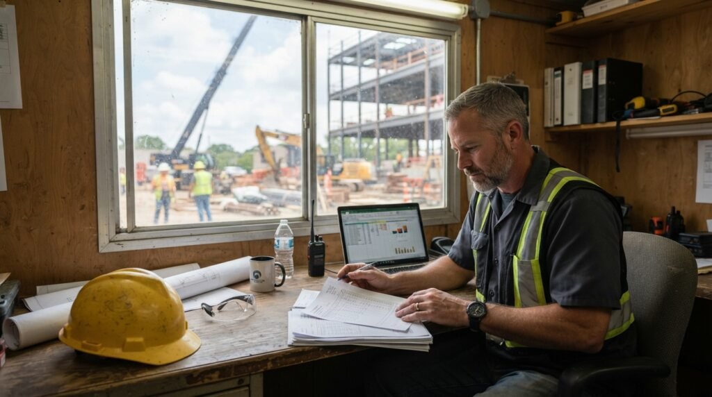 Bookkeeping for contractors Ontario site supervisor reviewing progress invoices and holdback records