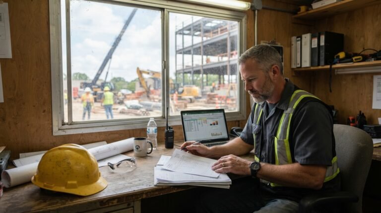 Bookkeeping for contractors Ontario site supervisor reviewing progress invoices and holdback records