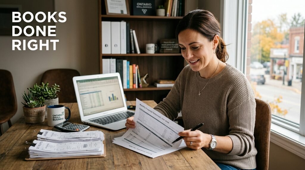 Bookkeeping services Ontario small business - owner reviewing monthly financial statements and receipts at a desk