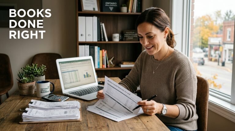 Bookkeeping services Ontario small business - owner reviewing monthly financial statements and receipts at a desk