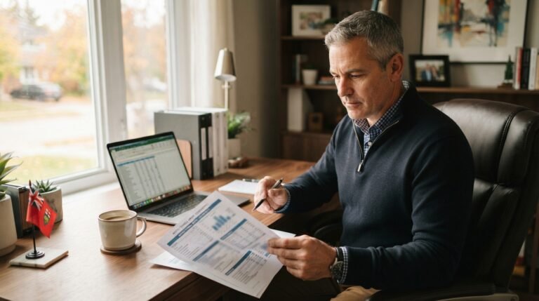 Small business financial statements Ontario owner reviewing a monthly profit and loss report at a desk