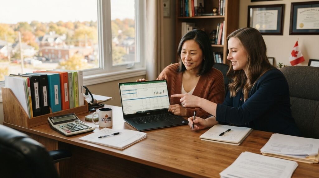 Payroll services Ontario 2026 — small business owner reviewing payroll year-end records with a bookkeeper on a laptop