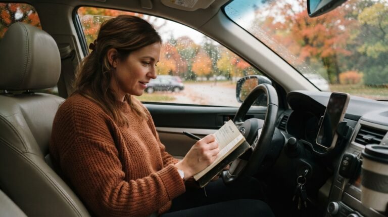 CRA mileage rate 2026 - business owner recording kilometres in a vehicle logbook before a client visit