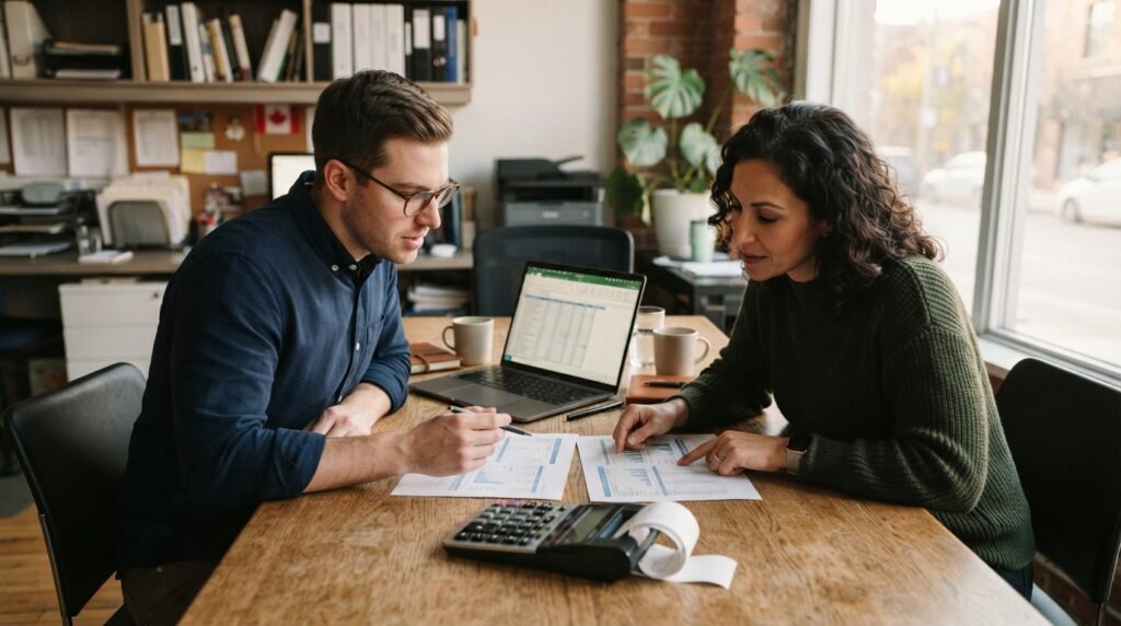 salary vs dividend - Ontario business owner reviewing year-end pay options with a bookkeeper
