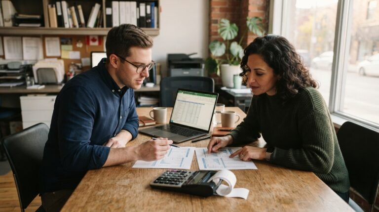 salary vs dividend - Ontario business owner reviewing year-end pay options with a bookkeeper