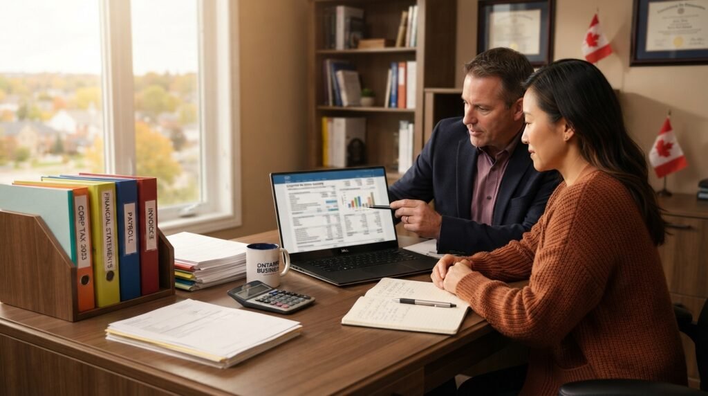 Corporate tax filing Ontario 2026 — business owner reviewing a T2 corporate tax return with an accountant