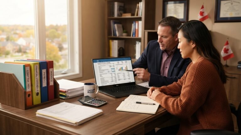 Corporate tax filing Ontario 2026 — business owner reviewing a T2 corporate tax return with an accountant